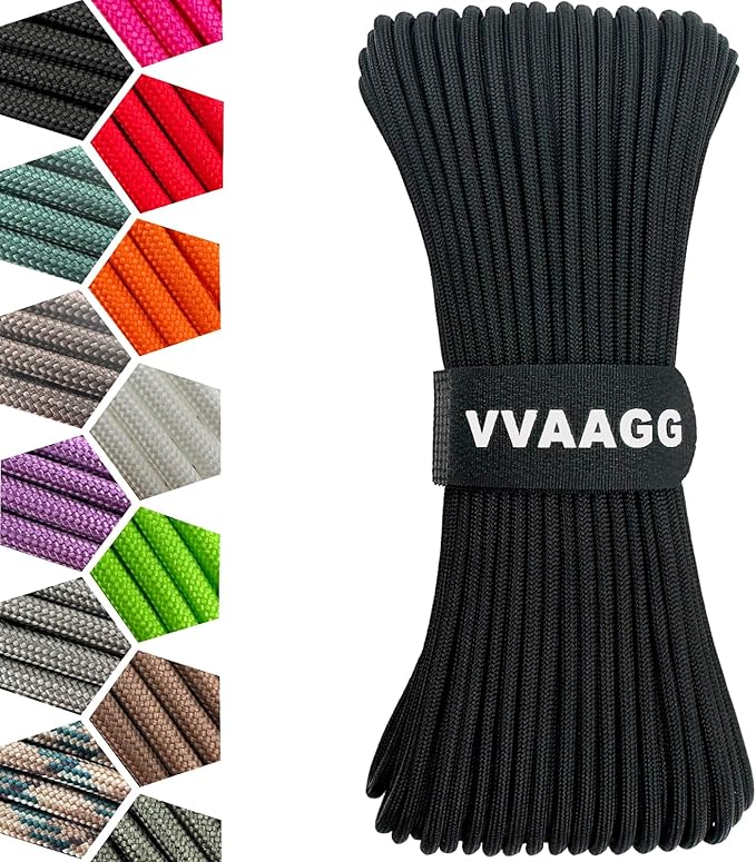 VVAAGG 1000 Black Paracord Rope, 50ft 12 Strand Parachute Cord for Crafting, DIY Projects, Survival Bracelets, Camping, Tent, Clothsline, Outdoor Hiking, Fishing (Black, 50FT)