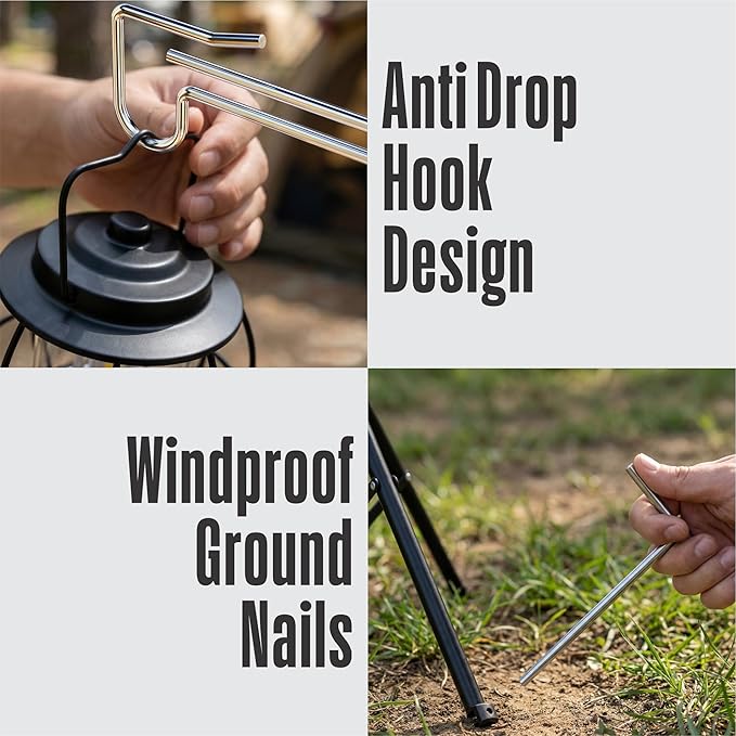 Telescopic Height Adjustable Camping Lantern Tripod Stand - 2-Hook Lantern Hanger for Outdoor Camping/RV/Tent