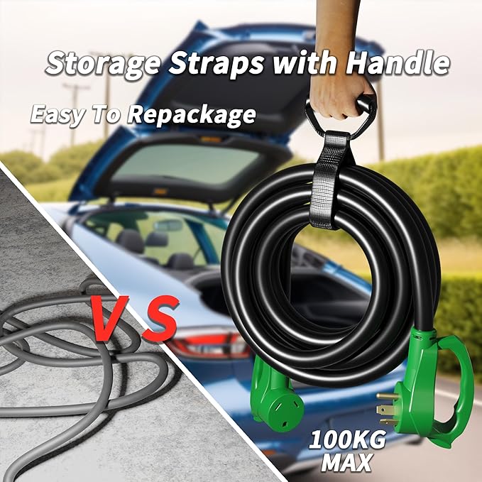 PlugSaf 100 FT 30 Amp RV Extension Cord Outdoor with Grip Handle, Flexible Heavy Duty 10/3 Gauge STW RV Power Cord Waterproof with Cable Organizer, NEMA TT-30P to TT-30R, Black-Green, ETL Listed