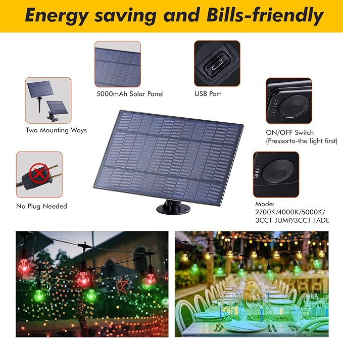 Solar Outdoor RGB String Lights, 48FT Dimmable Patio Lights with 15 Shatterproof Edison Bulbs, Commercial Grade Waterproof LED String Lighting with Remote for Party, Garden, Yard