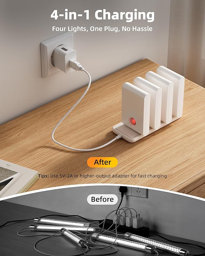EZVALO Motion Sensor Stair Lights Indoor, Rechargeable Night Lights with Magnetic & Dimmable, Auto On/Off 3000K Soft White, Stick-On for Stairs, Hallway, Bathroom (8 Pack with Charging Station)