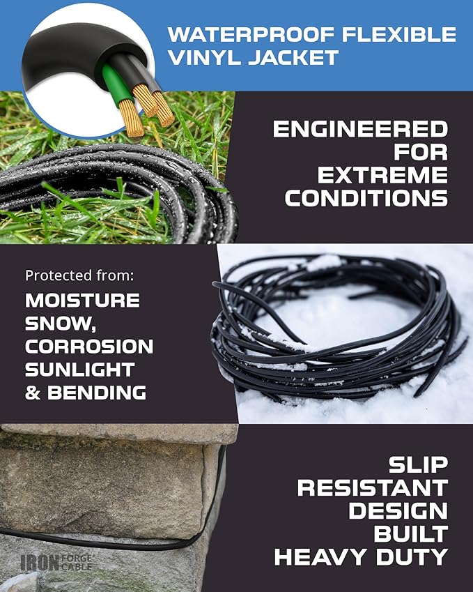 Iron Forge Cable Black Outdoor Extension Cord 50 ft, 16/3, 50 Foot Outdoor Extension Cord, 3 Prong, Weatherproof - Great for Outside Use