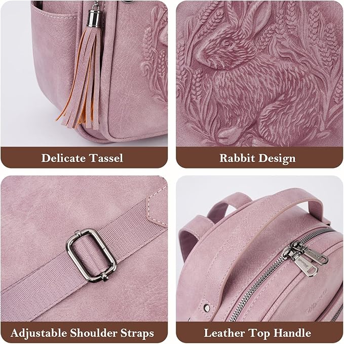 Mini Backpack Purse for Women,Embossed Leather Small Backpack Fashion Travel Backpacks Daypacks Shoulder Handbag (PURPLE-Rabbit)