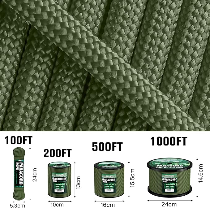 Paracord Rope 750 - Parachute para Cord 4mm 11 Strand Spool Rope Utility Nylon String for Outdoor Camping Survival Utility Tent Crafting DIY Projects - ArmyGreen 200ft