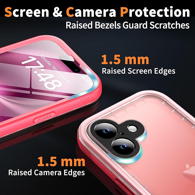 Cozycase for iPhone 16 Case Waterproof - 360 Heavy Duty with Screen/Camera Protector Shockproof IP68 Underwater Dustproof Water Dust Shock Proof Full Body/Front and Back Case Pink/Frosted Clear