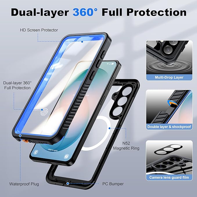 ANTSHARE IP68 Waterproof Case for Samsung Galaxy S26 Plus [2026] - MagSafe Compatible, Built-in Screen/Lens Protector - Shockproof Full Body Protection for Swimming/Outdoor, Blue/Clear