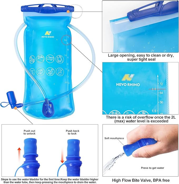 N NEVO RHINO Hydration Bladder1.5L- 2L-3L Leak Proof Water Reservoir, BPA -Free Water Pouch, Water Bladder for Hydration Pack，Hiking Backpack