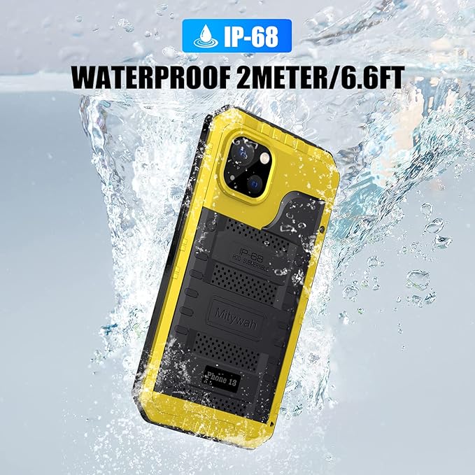 Mitywah Waterproof Case for iPhone 13, Heavy Duty Military Grade Drop Protection Phone Case with Built-in Screen Protector, 360° Full Body Protection Metal Armor Dropproof Case 6.1 inch, Yellow