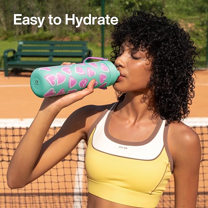 ENCOOL Valentine's Day Insulated Water Bottle with Straw Stainless Steel Water Bottle, Leak-Proof, BPA-Free, Keeps Cold for 24 Hours for Sports, Travel, School (26 oz, Sketch Hearts Violet x Mint)
