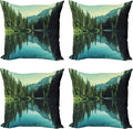 Ambesonne Glacier National Park Throw Pillow Cushion Case Pack of 4, Tree and Mountain Reflections on Calm Water, Modern Accent Double-Sided Digital Printing, 16", Olive Green