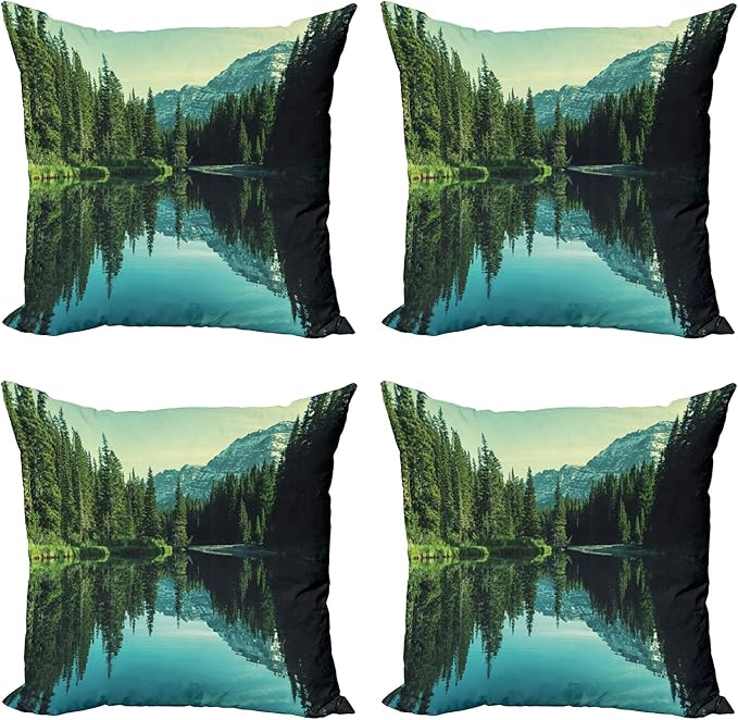 Ambesonne Glacier National Park Throw Pillow Cushion Case Pack of 4, Tree and Mountain Reflections on Calm Water, Modern Accent Double-Sided Digital Printing, 18", Olive Green