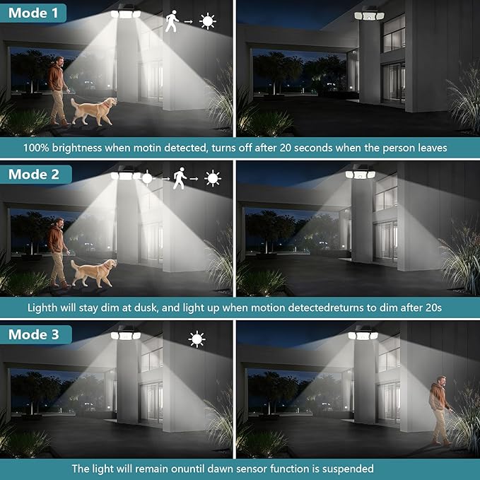 Solar Lights Outdoor Waterproof- 2800LM 200LED Solar Motion Sensor Lights, 3 Heads & 3 Modes Flood Lights, 270° Wide Angle Solar Powered Security Lights for Yard, Garage(4 Pack)