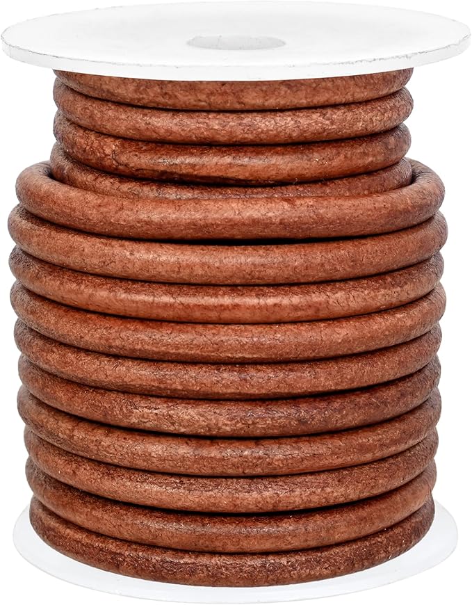 GENIQUE Real/Genuine Round Leather String Cord for Necklace, Bracelets, Jewellery, Braiding (Light Brown Distressed, 4mm)