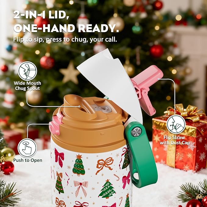 POWCAN 24 oz Christmas Stainless Steel Water Bottle: 2-in-1 Push-Button Spout & Quick-Flip Straw, Leakproof, Fits in Car Cupholder, Insulated Water Bottle for Holiday Gift, Sports, Travel (Merry Bows)