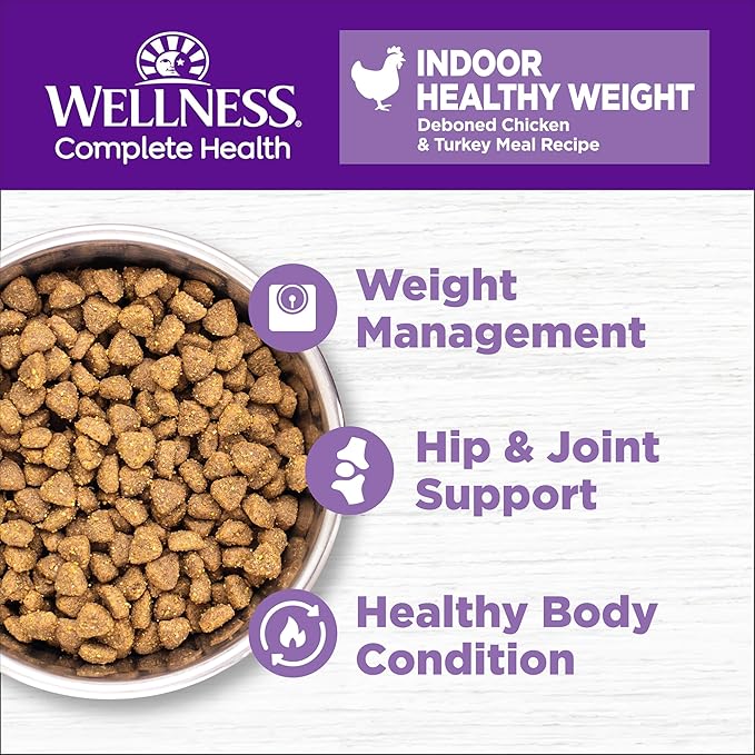Wellness Complete Health Healthy Weight Adult Dry Cat Food for Indoor Cats, Natural, Grain Free Kibble, Chicken & Turkey Recipe, 5.5 lb Bag