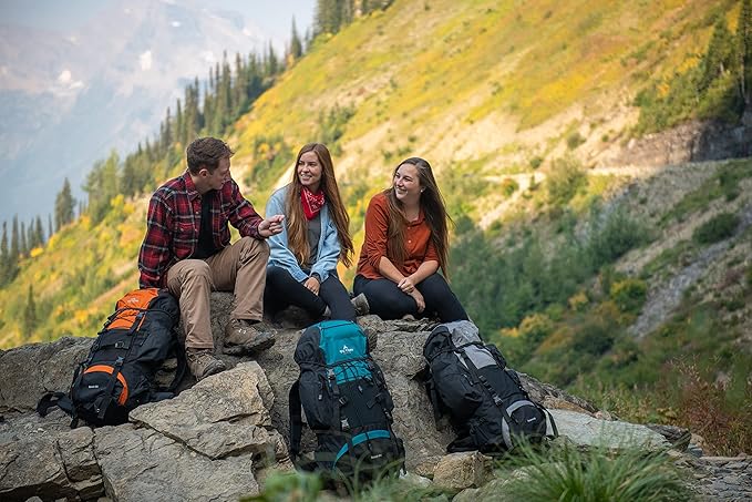 Teton 65L Explorer Internal Frame Backpack for Hiking, Camping, Backpacking, Rain Cover Included, Huckleberry
