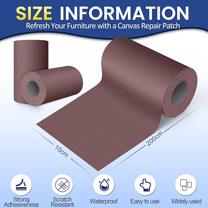 Self-Adhesive Canvas Repair Tape, 4" x 80" Waterproof Canvas Repair Patch, Fabric Patch Repairs Kit for Furniture, Tents, Sunbrellas, Boat Covers Awnings, Couches, Clothes, Bags Brown