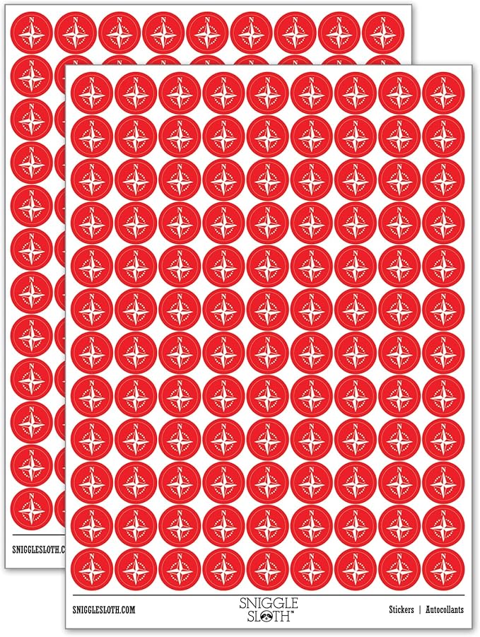 Compass Rose Nautical Star Navigation Map 200+ Round Stickers - Matte Finish - 0.50" Size - Red