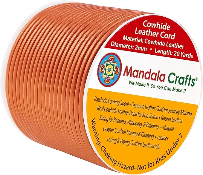 Mandala Crafts Round Genuine Copper Leather Cord for Jewelry Making – 2mm Cowhide Leather Rope String Lace for Kumihimo – 20 Yards Cowhide Craft Cording Spool