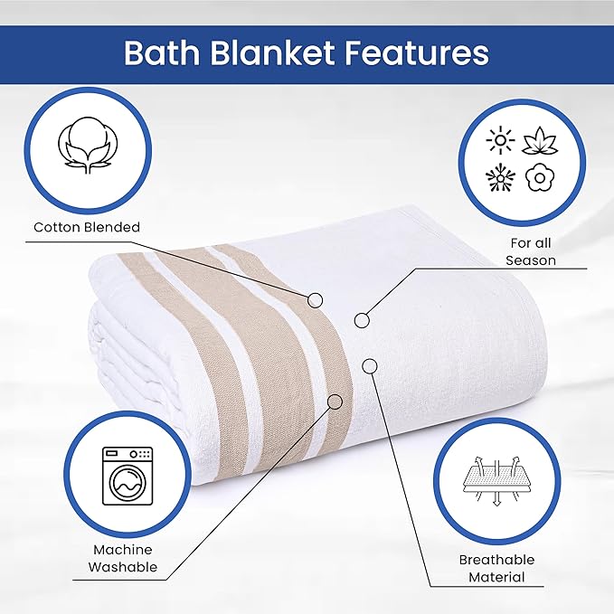 Linteum Textile Cotton Blended Hospital Patient Bath Blanket, Bed Bath Sheet, Twin Blanket Lightweight Sheet Blankets 70x90 in, 1.75 lb. White with Beige Stripes