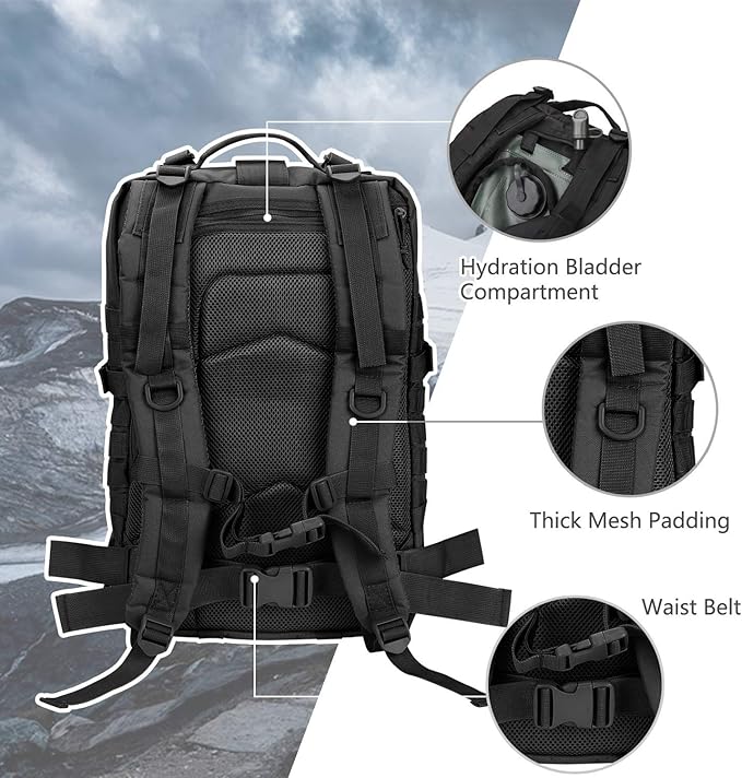 Hannibal Tactical MOLLE Assault Backpack, Tactical Backpack Military Army Camping Rucksack, 3-Day Pack, D-Rings, Black with Gray Patch