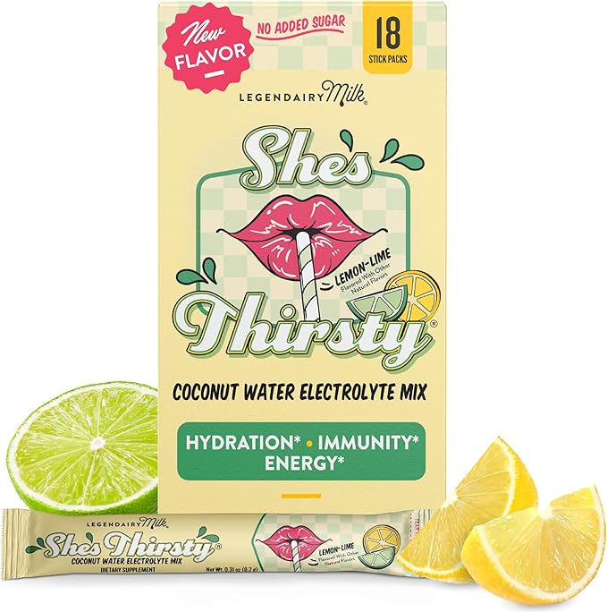 Legendairy Milk She's Thirsty Lemon Lime, No Sugar Added Electrolytes Powder Packets Coconut Water Mix for Women, Instant Hydration Packets, Immune Support, Pregnancy Safe, 18 Ct