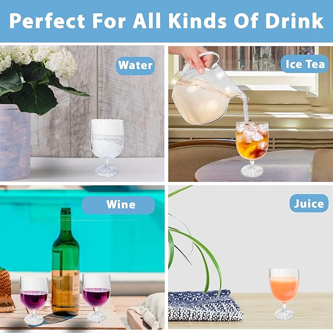 Lily's Home Unbreakable Plastic Wine Glasses Set of 8, 12 oz Shatterproof Stackable Tumblers, Reusable BPA Free Goblets for Indoor and Outdoor Use. Made in Taiwan (Clear)