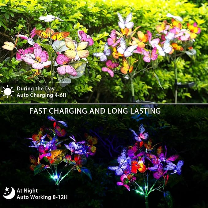 Adecorty Solar Garden Lights Outdoor Waterproof Decorative Solar Lights Outdoor 8 Pack with 176 LED 136 Butterfly Flower Garden Decor Yard Decorations Patio Lawn, Gifts for Mother's Day Mom Women
