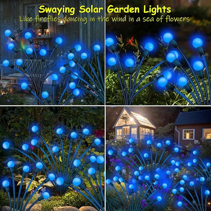 Kohlrabi Solar Garden Lights Outdoor, 2 Pack 16 LED Solar Blue Firefly Lights Waterproof, Sway by Wind, Swaying Light for Yard Patio Backyard Garden Planter Flower Bed Pathway Outdoor Decoration