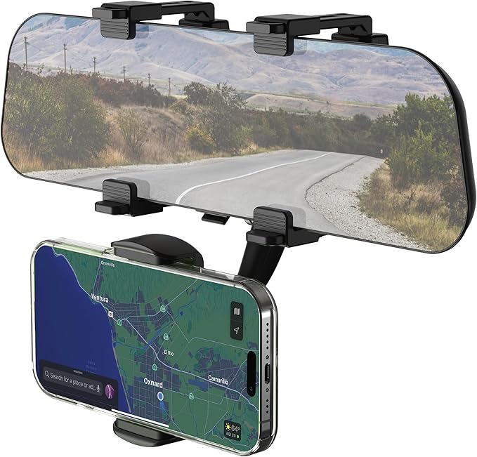 Scosche SUHRM Rear View Mirror Phone Holder, 360° Rotatable Rearview Mirror Cell Phone Car Mount, Cellphone Stand Compatible with iPhone 16/15/14/13/12 Series, Android & Mobile Phones up to 3.5 inches