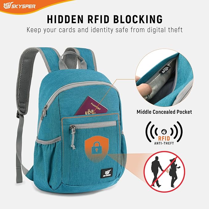 SKYSPER Anti Theft Hiking Backpack, 18L RFID Packable Travel Daypack, Lightweight Foldable Back Pack for Walking Daytrip