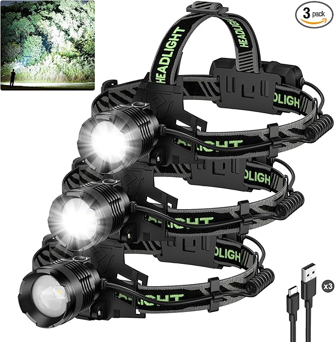 3Pack Rechargeable Headlamp Super Bright, 99000 Lumens LED Head Lamp with 3 Modes, 90°Angle & Adjustable Focus Head Lights for Forehead, IPX6 Waterproof HeadLamps for Adults Camping Hiking