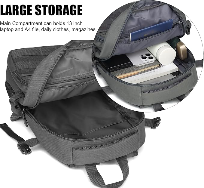 Kids Tactical Backpack Army Molle Bookbag Military Boys Backpack for School, Outdoor, Camping (Includes 2 Patches +1 Carabiner), Grey