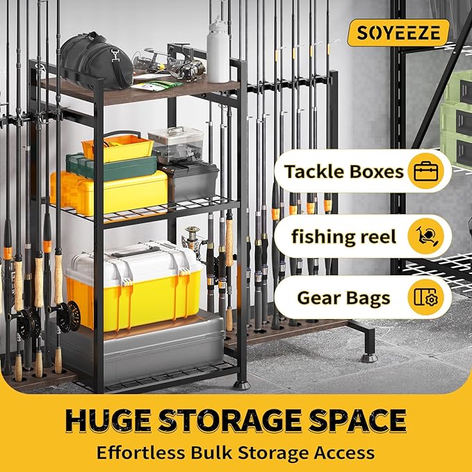 SOYEEZE Fishing Rod Holder for 28 Rods, Ground Stand Fishing Pole Holders for Garage, 3-Sided Vertical Fish Rod Rack for Tackle Box, Fishing Supplies,a Display Fish Gear Storage Gift