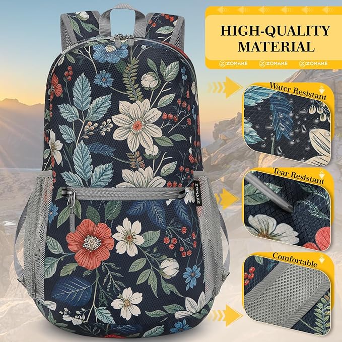 ZOMAKE Ultra Lightweight Hiking Backpack 20L, Packable Small Backpacks Water Resistant Daypack for Women Men(Navy blue,Floral pattern)