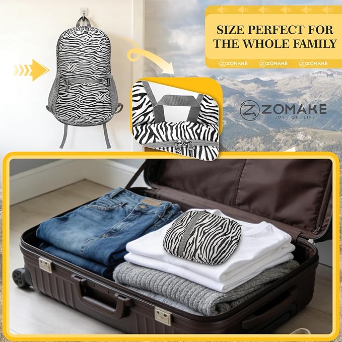 ZOMAKE Ultra Lightweight Hiking Backpack 20L, Packable Small Backpacks Water Resistant Daypack for Women Men(Zebra print)
