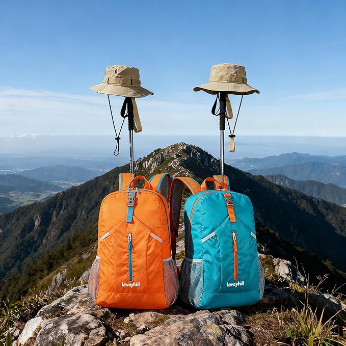 levayhill 25L Foldable Backpack & Bucket Hat 2 IN1 Combo, Lightweight packable Travel Set, Compact Daypack Sun Fisherman Hat (Lake Blue)