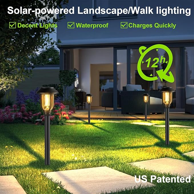 Solar Pathway Lights Outdoor 8 Pack, Warm White Solar Path Lights, Waterproof Energy Efficient Landscape Decorative Lights Auto On/Off, Solar Garden Lights for Yard Walkway Driveway Patio