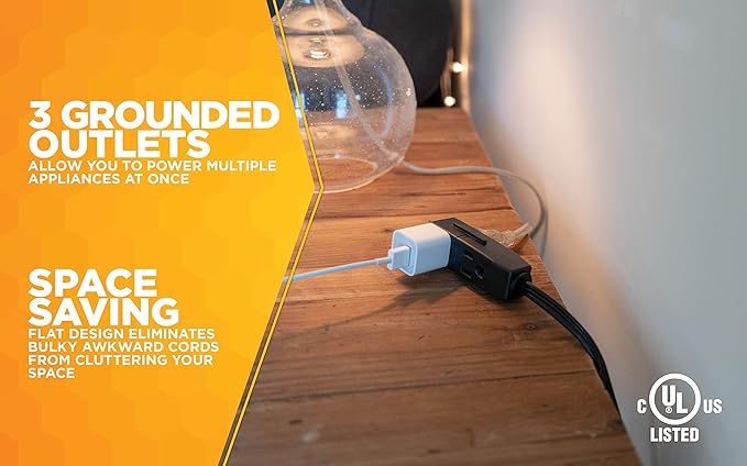 Woods 2243 16/3 Flat Indoor Extension Cord, 8-Foot, 3 Grounded Outlets, Right Angled Plug, Space Saving Design, UL Listed, Black