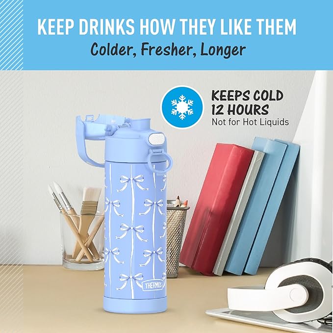 THERMOS FUNTAINER 16 Ounce Stainless Steel Vacuum Insulated Bottle with Wide Spout Lid, Blue Bows