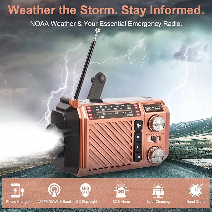 Hand Crank Emergency Weather Radio with 2600mAh/9620mWh Power Bank, NOAA AM FM Shortwave Portable Radio, Solar & USB-C Charging, Flashlight, SOS Alarm for Emergency Kits (Brown)