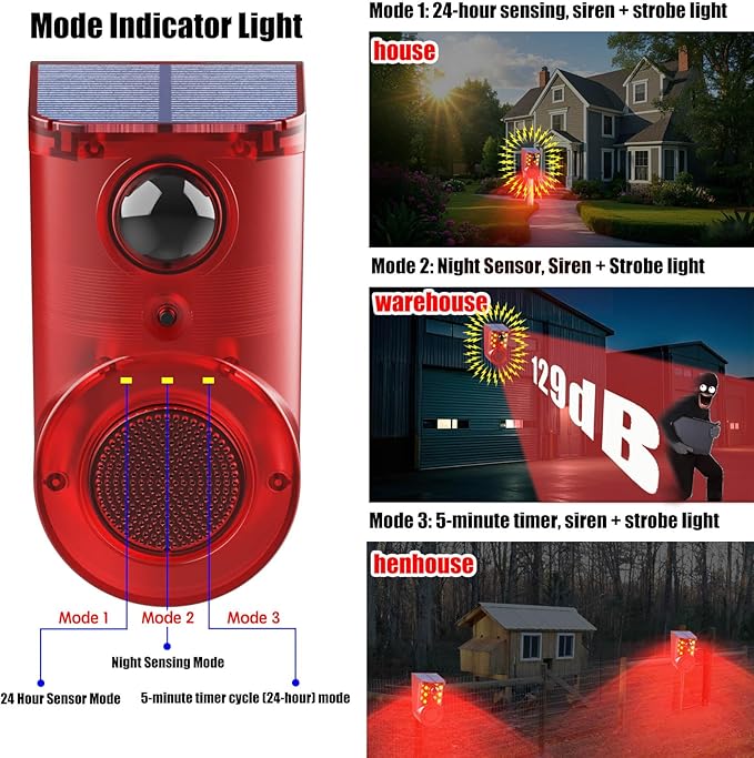Solar Motion Sensor Alarm Device - Waterproof, Multi-Mode, Wide-Angle Sensing, 110dB Alarm & Strobe Lights for Indoor & Outdoor Security 6Pack