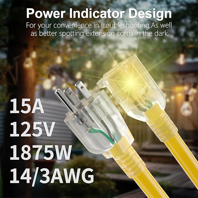 HUANCHAIN 50 ft 2 Pack 14/3 Gauge Heavy Duty Outdoor Extension Cord Waterproof with Lighted, Flexible Cold Weather 3 Prong Electric Cord Outside, 15A 1875W 125V 14AWG SJTW, Yellow, ETL Listed