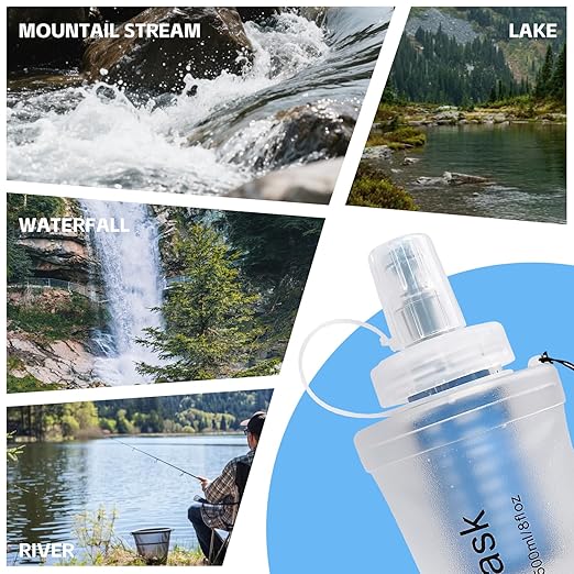 AXEN Collapsible Water Bottle with Filter System, Soft Hydration Flask for Trail Running, Camping, Hiking, Cycling, 1L Clear