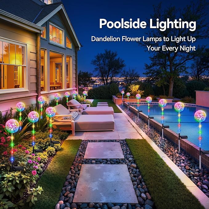 WdtPro Solar Lights Outdoor Garden Decor, 6 Pack Solar Flower Lights, 2 Modes Colorful Dandelion Light, Brighter Waterproof Decorative Garden Lights for Yard, Patio, Flower Bed, Unique Gifts for Women