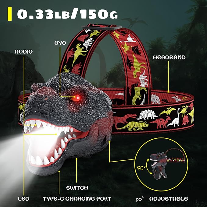 Dysaim Kids Headlamp,Dinosaur Headlamp for Kids LED Head Lamp Camping Gear Flashlight,Hiking Accessories Headlight,Ideal Gift Toys Suitable for Reading Birthday Halloween Xmas Party