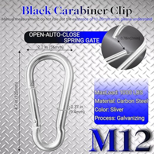 5 Pack 4.7" Heavy Duty Carabiner Clips, M12 Sliver Galvanized Steel Spring Snap Hooks, Rust-Resistant Keychain Clips for Hammock, Camping, Hiking, Fishing, Swing Set