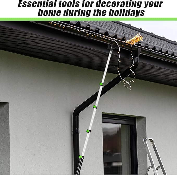 4.3-18ft Long Christmas Light Hanger Pole with Utility Hook, Telescopic Extension Pole Multi-Purpose for Christmas String Lights Installation Painting Cleaning Without Ladder (Green)