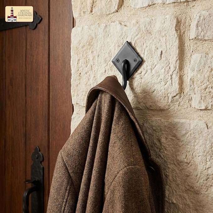 Mystic Colonial Rustic Cast Iron Wall Hooks, 3.6" Heavy Duty Coat Hooks for Coat, Bag, Towel, Hat & Robe, Mounting Hardware Included, Black, Pack of 10