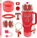 9PCS Red for Stanley Cup Accessories Set Bling Initials Bow Charms for Stanley Decorations 30/40 Oz Tumbler Accessories Including Bow Straw Topper, Handle Strap, Spill Stopper（Letter T）